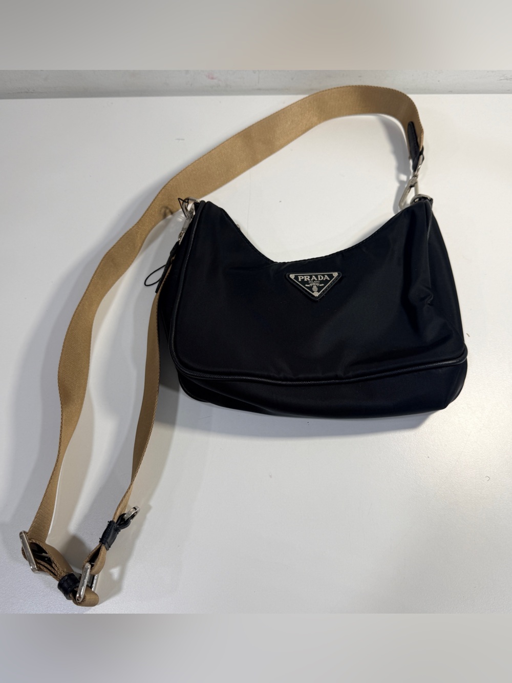 PRADA 2005 Re-Edition Nylon Shoulder Bag Hobo Retro Y2K Black Beige Strap